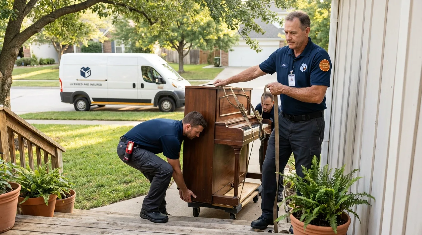 Licensed piano movers securing grand piano in Florham Park, NJ