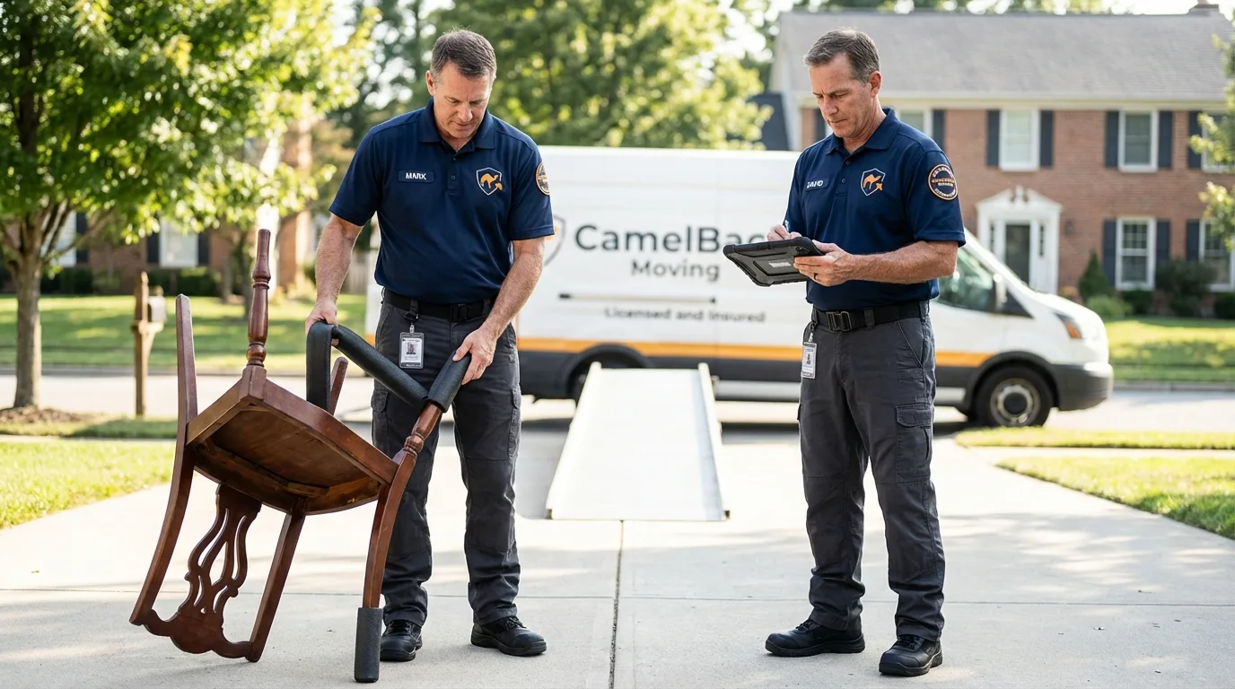Movers inspecting furniture for damage prevention before loading in Florham Park, NJ